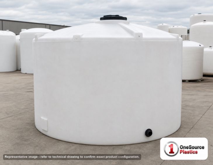 Snyder Industries 10500 Gallon Plastic Vertical Liquid Storage Tank. Polyethylene; White; dimensions 169.0in H x 142.0in W x 142.0in L; 2250.0 lb empty; 1.9 specific gravity rating. Manufacturer part number SII-5330000C26. Sold by OneSource Plastics (https://www.onesourceplastics.com).