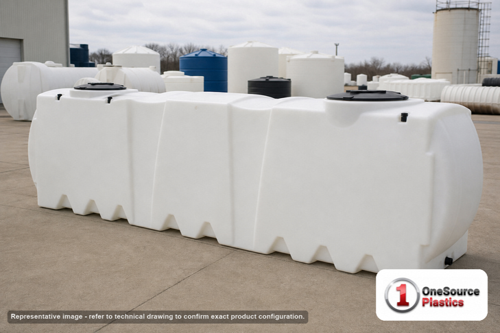 Norwesco 1425 Gallon Underground Water Storage Cistern Tank. Polyethylene; White; dimensions 51.0in H x 60.0in W x 157.0in L; 384.0 lb empty; 1.9 specific gravity rating. Manufacturer part number N-44406. Sold by OneSource Plastics (https://www.onesourceplastics.com).