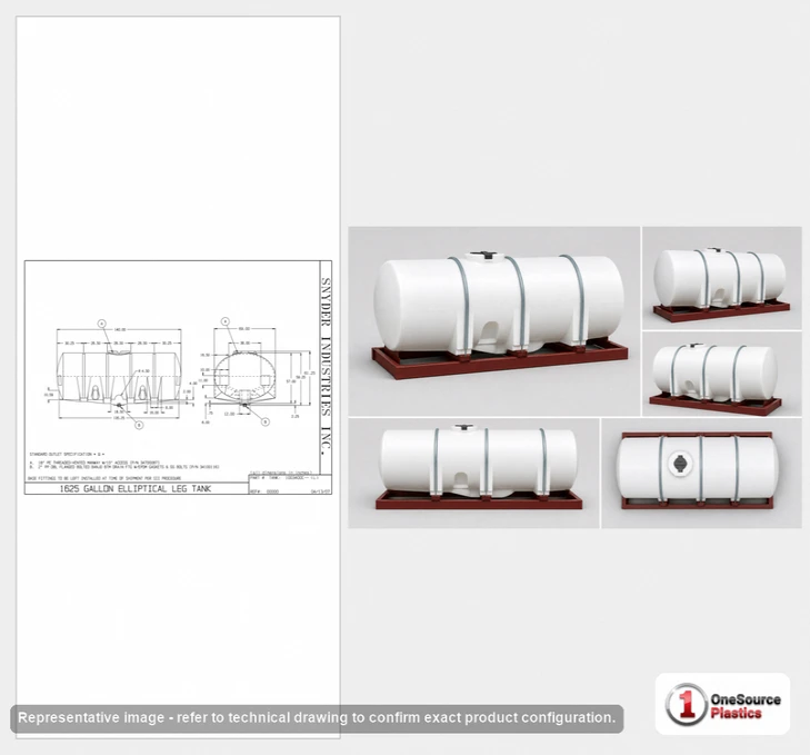 Dimensional spec drawing for Snyder Industries 1615 Gallon Horizontal Tank (140" L x 69" W x 61.25" H)