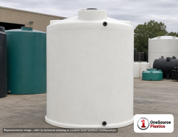 Chem-Tainer 2000 Gallon Plastic Vertical Water Storage Tank in White. 2000.0 gallon capacity; Polyethylene; White; dimensions 161.0in H x 64.0in W x 64.0in L; 335.0 lb empty; 1.0 specific gravity rating; fittings: 2". Manufacturer part number TC2000IW-NAT. Sold by OneSource Plastics (https://www.onesourceplastics.com).