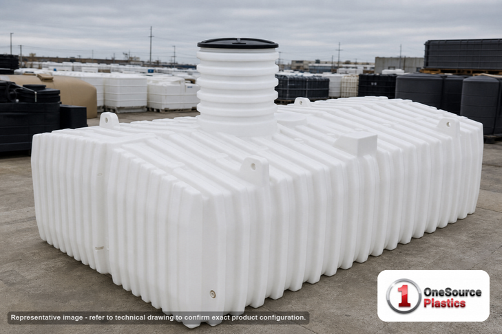 Norwesco 2650 Gallon Plastic Multi-Use Underground Liquid Storage Tank. 2650.0 gallon capacity; Polyethylene; White; dimensions 81.0in H x 99.0in W x 155.0in L; 1050.0 lb empty; 1.9 specific gravity rating; fittings: 1 Manway / Lid; max temp 130 deg  F / 54 deg  C; 3 Year Warranty. Manufacturer part number 43771. Manufactured by Norwesco. Sold by OneSource Plastics (https://www.onesourceplastics.com).