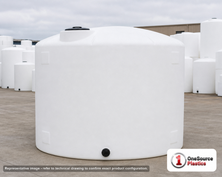 Chem-Tainer 2800 Gallon Plastic Vertical Water Storage Tank in White. 2800.0 gallon capacity; Polyethylene; White; dimensions 98.0in H x 95.0in W x 95.0in L; 320.0 lb empty; 1.0 specific gravity rating; fittings: 2". Manufacturer part number TC9598IW. Sold by OneSource Plastics (https://www.onesourceplastics.com).