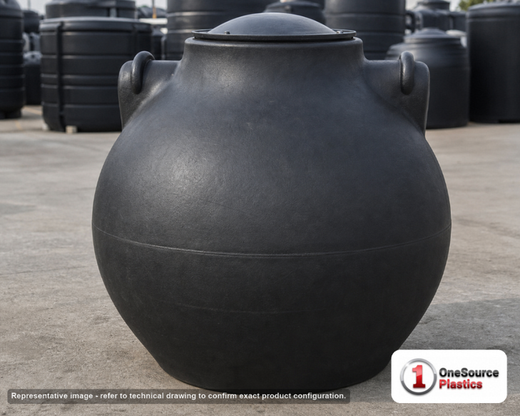 Norwesco 300 Gallon Septic Pump Tank. 300.0 gallon capacity; Polyethylene; Black; dimensions 54.0in H x 54.0in W x 54.0in L; 119.0 lb empty; fittings: 1 Manway / Lid; max temp 130 deg  F / 54 deg  C; 3 Year Warranty. Manufacturer part number 41319. Sold by OneSource Plastics (https://www.onesourceplastics.com).