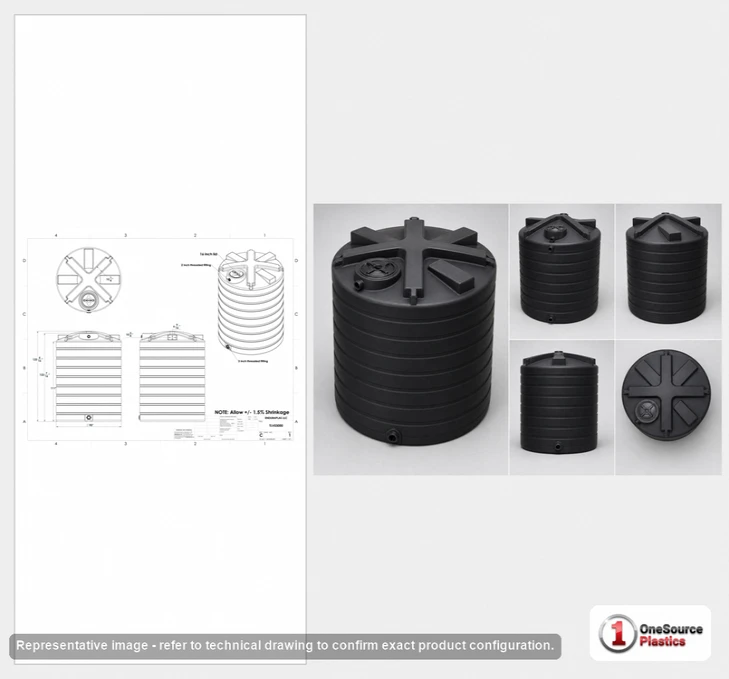 Dimensional spec drawing for Enduraplas 3000 Gallon (90" L x 90" W x 125" H)
