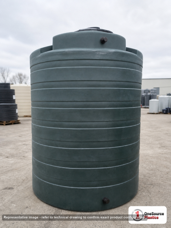 Bushman 4050 Gallon Plastic Vertical Water Storage Tank in Dark Green. 4050 gallon capacity; Polyethylene; Green; dimensions 129.0in H x 101.0in W x 101.0in L; 543.0 lb empty; 1.0 specific gravity rating; fittings: 2"; max temp 120 deg  F / 48 deg  C; 3 Year Warranty. Manufacturer part number 45552. Manufactured by Norwesco. Sold by OneSource Plastics (https://www.onesourceplastics.com).