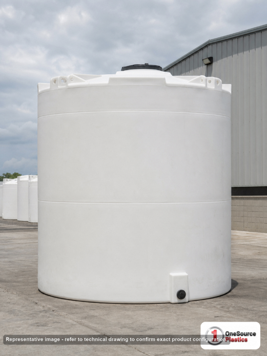 Snyder Industries 4500 GALLON PLASTIC VERTICAL LIQUID STORAGE TANK 1.5 SG. Polyethylene; White; dimensions 142.0in H x 102.0in W x 102.0in L; 900.0 lb empty; 1.5 specific gravity rating. Manufacturer part number SII-7420000C37. Sold by OneSource Plastics (https://www.onesourceplastics.com).