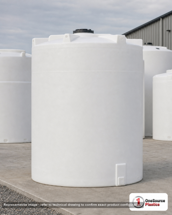 Snyder Industries 4500 GALLON PLASTIC VERTICAL LIQUID STORAGE TANK 1.9 SG. Polyethylene; White; dimensions 142.0in H x 102.0in W x 102.0in L; 900.0 lb empty; 1.9 specific gravity rating. Manufacturer part number SII-7420000C26. Sold by OneSource Plastics (https://www.onesourceplastics.com).