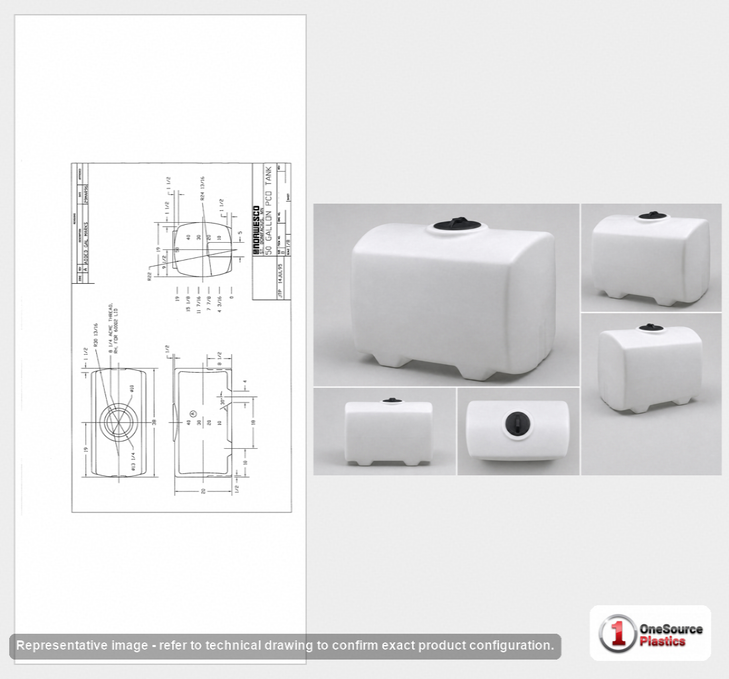 Dimensional spec drawing for Norwesco 50 Gallon PCO Tank (38" L x 38" W x 19" H)