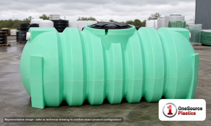 Snyder Industries 500 Gallon Plastic Preplumbed One Compartment Septic Tank with Low Profile Design. Polyethylene; Green; dimensions 42.0in H x 48.0in W x 97.0in L; 179.0 lb empty. Manufacturer part number SII-45802. Sold by OneSource Plastics (https://www.onesourceplastics.com).