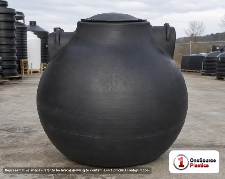 Norwesco 500 Gallon Plastic Septic Pump Tank. 500 gallon capacity; Polyethylene; Black; 67" H x 64" W x 64" L; fittings: 1
