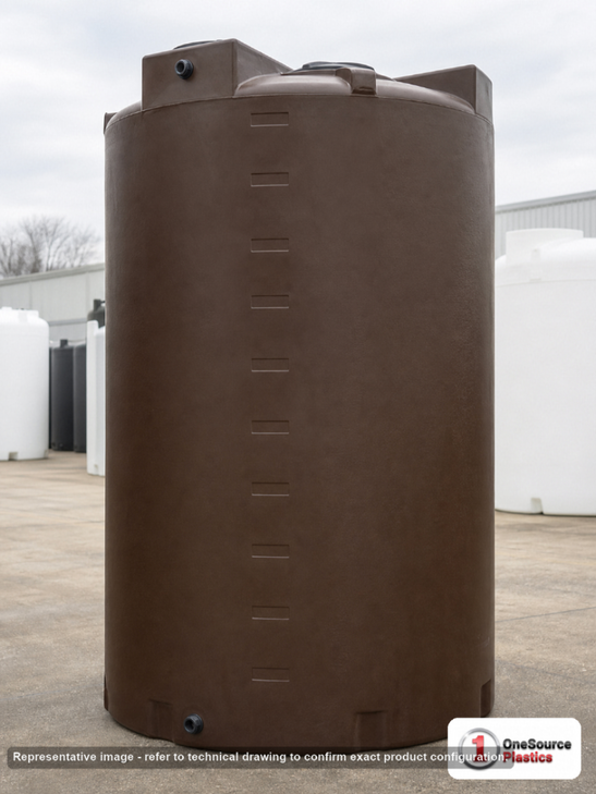 Bushman 5000 Gallon Plastic Vertical Water Storage Tank in Dark Brown. 5000.0 gallon capacity; Polyethylene; Brown; dimensions 161.0in H x 102.0in W x 102.0in L; 804.0 lb empty; 1.0 specific gravity rating; fittings: 2"; max temp 120 deg  F / 48 deg  C; 3 Year Warranty. Manufacturer part number 30446. Sold by OneSource Plastics (https://www.onesourceplastics.com).