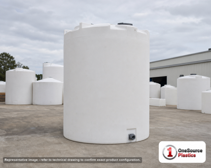 Snyder Industries 6000 Gallon Plastic Vertical Liquid Storage Tank. Polyethylene; White; dimensions 188.0in H x 102.0in W x 102.0in L; 1650.0 lb empty; 1.9 specific gravity rating. Manufacturer part number SII-7430000C37. Sold by OneSource Plastics (https://www.onesourceplastics.com).