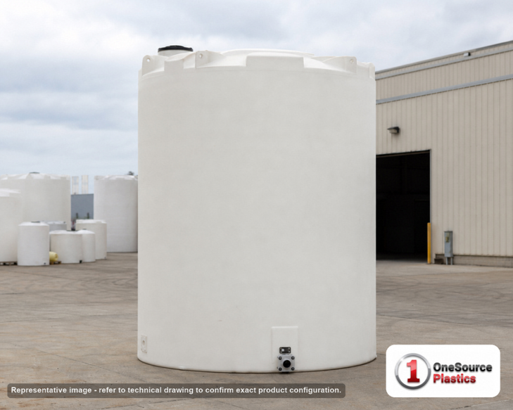 Snyder Industries 6000 Gallon Plastic Vertical Water Storage Tank in White. Polyethylene; White; dimensions 188.0in H x 102.0in W x 102.0in L; 1595.0 lb empty; 1.0 specific gravity rating. Manufacturer part number SII-WV90. Sold by OneSource Plastics (https://www.onesourceplastics.com).