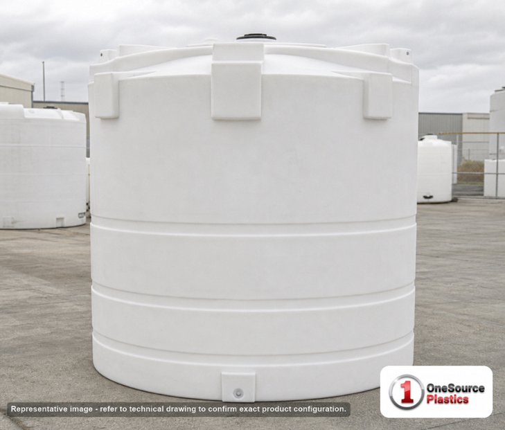 Snyder Industries 6200 Gallon Plastic Vertical Liquid Storage Tank. Polyethylene; White; dimensions 140.0in H x 120.0in W x 120.0in L; 1350.0 lb empty; 1.9 specific gravity rating. Manufacturer part number SII-8220000C26. Sold by OneSource Plastics (https://www.onesourceplastics.com).