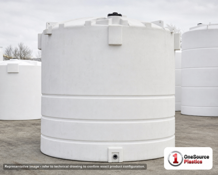 Snyder Industries 6200 Gallon Plastic Vertical Liquid Storage Tank. Polyethylene; White; dimensions 140.0in H x 120.0in W x 120.0in L; 1350.0 lb empty; 1.5 specific gravity rating. Manufacturer part number SII-8220000C37. Sold by OneSource Plastics (https://www.onesourceplastics.com).