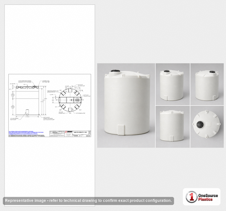 Dimensional spec drawing for Snyder Industries 4100 Gallon Vertical Tank (102" L x 102" W x 130" H)