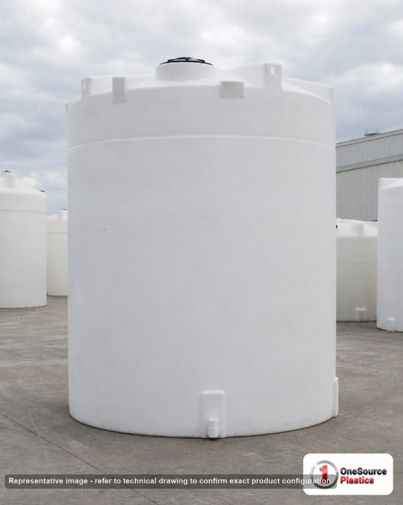 Snyder Industries 12500 Gallon HDPE Vertical Liquid Storage Tank with ASTM Certification. Polyethylene; White; dimensions 198.0in H x 142.0in W x 142.0in L; 3100.0 lb empty; 1.35 specific gravity rating. Manufacturer part number SII-5350000N39. Sold by OneSource Plastics (https://www.onesourceplastics.com).