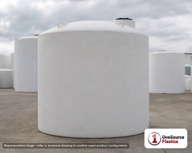 Snyder Industries 13800 Gallon HDPE Vertical Liquid Storage Tank with ASTM Certification. Polyethylene; White; dimensions 184.0in H x 165.0in W x 165.0in L; 2800.0 lb empty; 1.35 specific gravity rating. Manufacturer part number SII-3030100N39. Sold by OneSource Plastics (https://www.onesourceplastics.com).