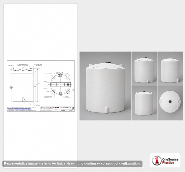Dimensional spec drawing for Snyder Industries 15000 Gallon Vertical Tank (143" L x 143" W x 234" H)