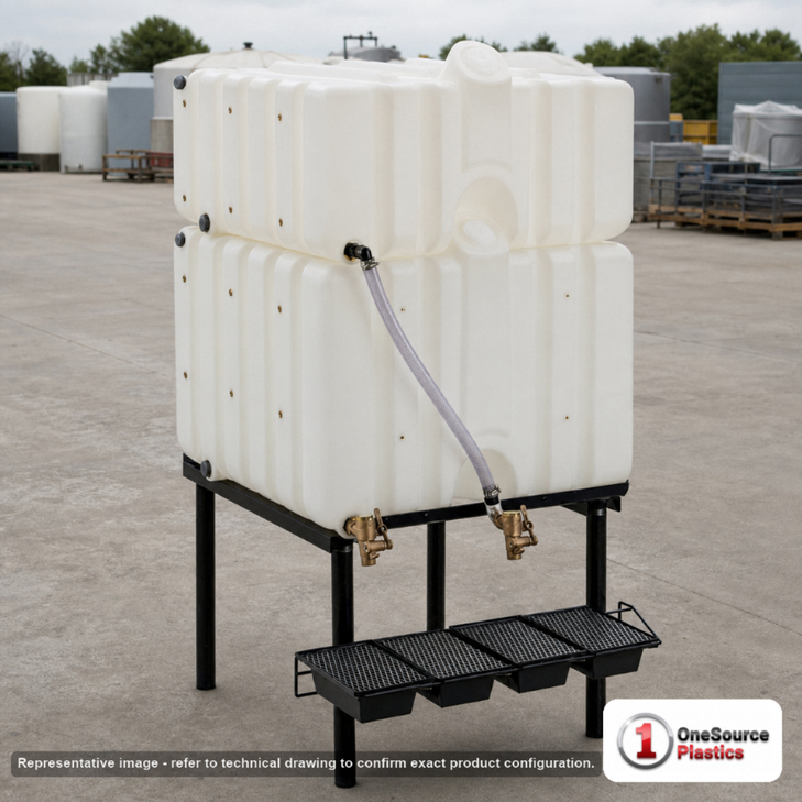 Snyder Industries 200 Gallon Plastic Portable Pest Control Operator Tank. High Density Linear Polyethylene; White; dimensions 39.0in H x 39.0in W x 49.0in L; 76.0 lb empty; 1.5 specific gravity rating. Manufacturer part number SII-1660000C137. Sold by OneSource Plastics (https://www.onesourceplastics.com).