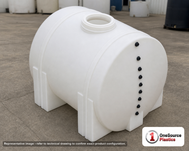 Snyder Industries 225 Gallon Plastic Horizontal Leg Tank in White. High Density Linear Polyethylene; White; dimensions 42.0in H x 38.0in W x 52.0in L; 85.0 lb empty; 1.9 specific gravity rating. Manufacturer part number SII-1003900N45. Sold by OneSource Plastics (https://www.onesourceplastics.com).