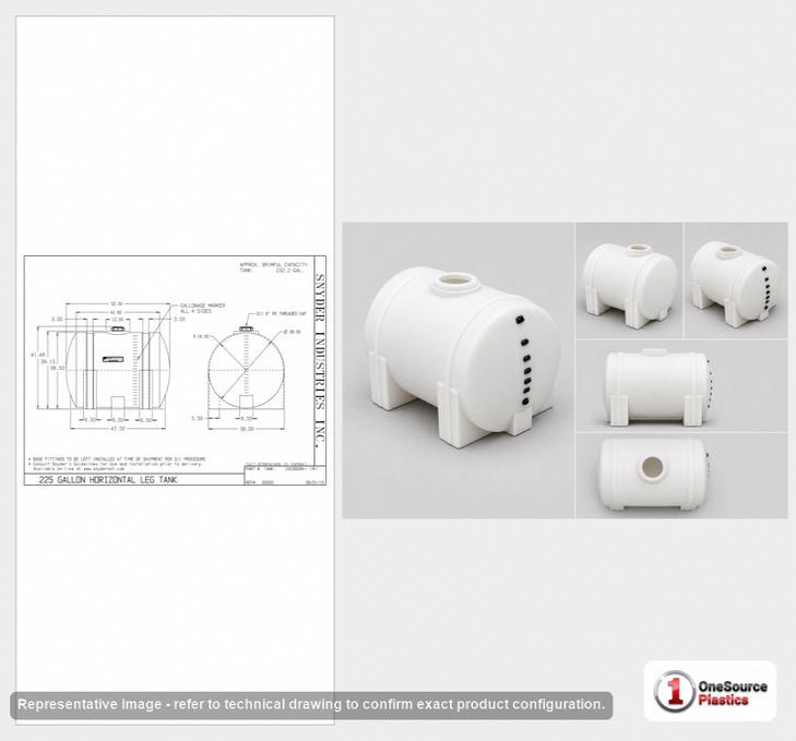 Dimensional spec drawing for Snyder Industries 225 Gallon Horizontal Tank (52" L x 38" W x 42" H)