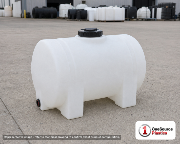 Snyder Industries 30 Gallon Plastic Horizontal Leg Tank in White. Polyethylene; White; dimensions 26.0in H x 23.0in W x 23.0in L; 13.0 lb empty; 1.5 specific gravity rating. Manufacturer part number SII-1080000W94301. Sold by OneSource Plastics (https://www.onesourceplastics.com).