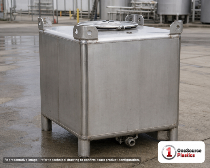 Snyder Industries 350 Gallon 304 Stainless Steel LiquiTote Center Drain IBC Tote Tank. Stainless Steel; Silver; dimensions 53.75in H x 48.0in W x 42.0in L; 575.0 lb empty. Manufacturer part number SII-373404. Sold by OneSource Plastics (https://www.onesourceplastics.com).