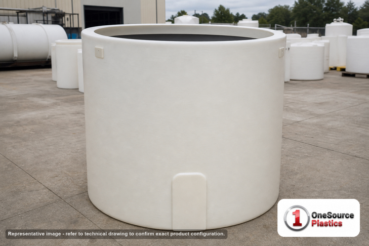 Snyder Industries 3600 Gallon Plastic Open Top Batch Storage Tank in White. Polyethylene; White; dimensions 108.0in H x 102.0in W x 102.0in L; 690.0 lb empty; 1.5 specific gravity rating. Manufacturer part number SII-5950000N43. Sold by OneSource Plastics (https://www.onesourceplastics.com).