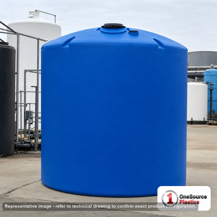 Norwesco 7500 Gallon 30 Degree Plastic Vertical Cone Bottom Tank. 7500 gallon capacity; Polyethylene; Blue; dimensions 149.0in H x 141.0in W x 141.0in L; 1555.0 lb empty; 1.9 specific gravity rating; fittings: 3"; max temp 120 deg  F / 48 deg  C; 5 Year Warranty. Manufacturer part number 40409. Manufactured by Norwesco. Sold by OneSource Plastics (https://www.onesourceplastics.com).