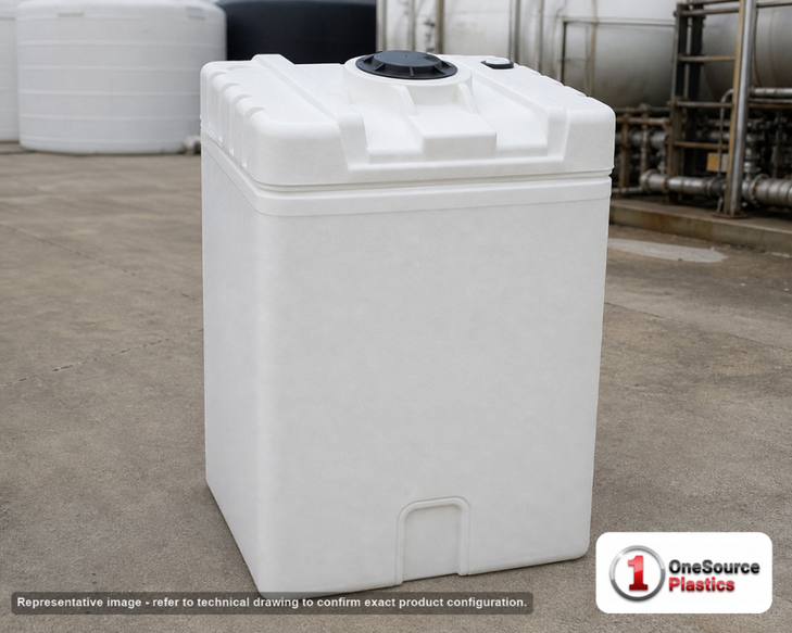 Snyder Industries 80 Gallon XLPE Square Dual Containment Tank . Cross-Linked Polyethylene; White; dimensions 43.0in H x 24.0in W x 24.0in L; 100.0 lb empty; 1.9 specific gravity rating. Manufacturer part number SII-5991002N42. Sold by OneSource Plastics (https://www.onesourceplastics.com).