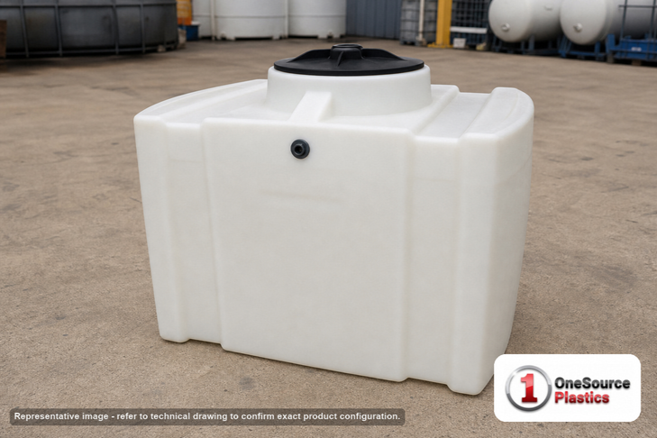 Chem-Tainer 100 Gallon Plastic Portable Flat Bottom Utility Tank in White. 100.0 gallon capacity; Polyethylene; dimensions 26.0in H x 26.0in W x 42.0in L; 45.0 lb empty; 1.5 specific gravity rating; fittings: 0.75". Manufacturer part number TRANS100-1. Sold by OneSource Plastics (https://www.onesourceplastics.com).
