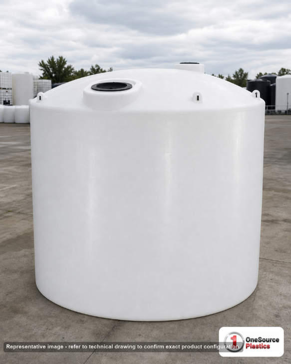 Norwesco 10000 Gallon HDPE Vertical Liquid Storage Tank without Fittings in White. High Density Linear Polyethylene; White; dimensions 160.0in H x 141.0in W x 141.0in L; 2147.0 lb empty; 1.9 specific gravity rating. Manufacturer part number N-43933. Sold by OneSource Plastics (https://www.onesourceplastics.com).