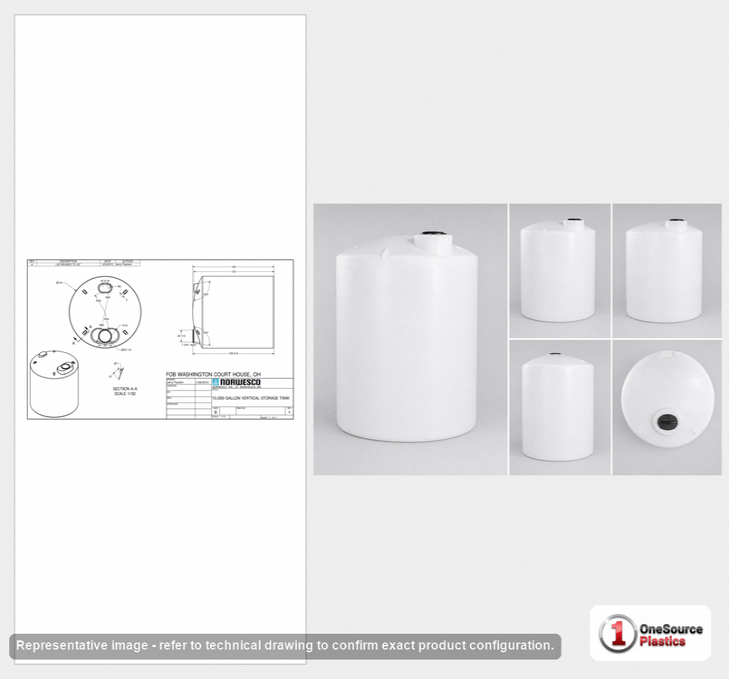 Dimensional spec drawing for Norwesco 10000 Gallon Vertical Tank (141" L x 141" W x 160" H)