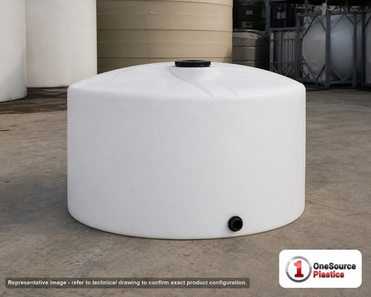 Snyder Industries 1100 Gallon Plastic Vertical Liquid Storage Tank. Polyethylene; White; dimensions 55.0in H x 86.0in W x 86.0in L; 210.0 lb empty; 1.9 specific gravity rating. Manufacturer part number SII-8120000C26. Sold by OneSource Plastics (https://www.onesourceplastics.com).