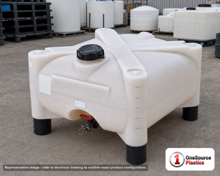 Snyder Industries 120 Gallon HDPE Stackable IBC Tote Tank in White. 120.0 gallon capacity; High Density Polyethylene; White; dimensions 32.25in H x 42.5in W x 42.5in L; 105.0 lb empty; 1.35 specific gravity rating; fittings: 2; max temp 105 deg  F / 41 deg  C. Manufacturer part number 6570000b96002. Manufactured by Snyder. Sold by OneSource Plastics (https://www.onesourceplastics.com).