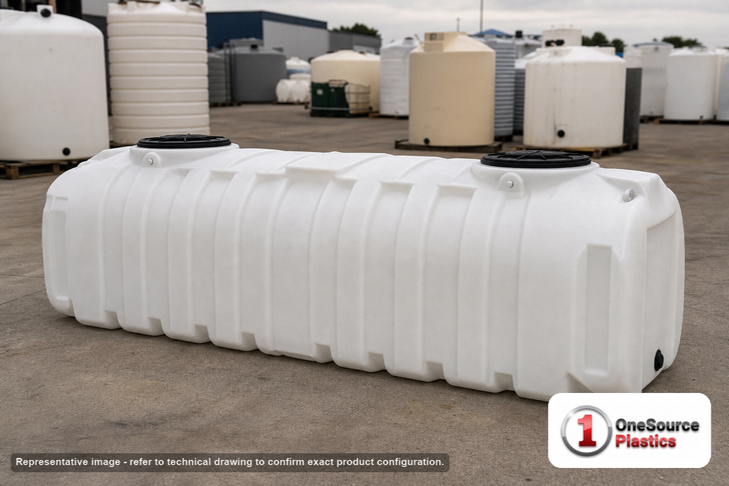 Norwesco 1425 Gallon Underground Water Storage Cistern Tank with side inlet flats. Polyethylene; White; dimensions 51.0in H x 60.0in W x 157.0in L; 384.0 lb empty; 1.9 specific gravity rating. Manufacturer part number N-43573. Sold by OneSource Plastics (https://www.onesourceplastics.com).