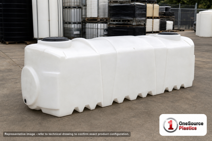 Norwesco 1450 Gallon Underground Water Storage Cistern Tank. Polyethylene; White; dimensions 51.0in H x 60.0in W x 157.0in L; 384.0 lb empty; 1.9 specific gravity rating. Manufacturer part number N-43549. Sold by OneSource Plastics (https://www.onesourceplastics.com).