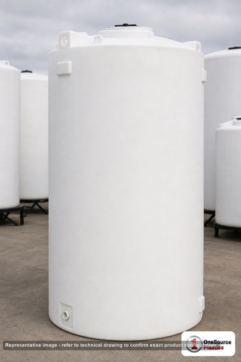 Snyder Industries 1900 Gallon HDPE Vertical Liquid Storage Tank with ASTM Certification. High Density Linear Polyethylene; White; dimensions 147.0in H x 64.0in W x 64.0in L; 460.0 lb empty; 1.5 specific gravity rating. Manufacturer part number SII-8300000N43. Sold by OneSource Plastics (https://www.onesourceplastics.com).