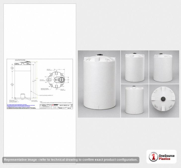 Dimensional spec drawing for Snyder Industries 1900 Gallon Vertical Storage Tank (64" L x 64" W x 147" H)