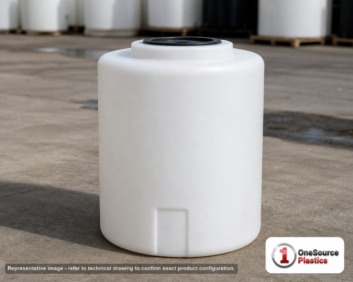 Norwesco 20 Gallon Vertical Liquid Storage Tank without Fittings in White. Polyethylene; White; dimensions 28.0in H x 16.0in W x 16.0in L; 15.0 lb empty; 1.5 specific gravity rating. Manufacturer part number N-44847. Sold by OneSource Plastics (https://www.onesourceplastics.com).