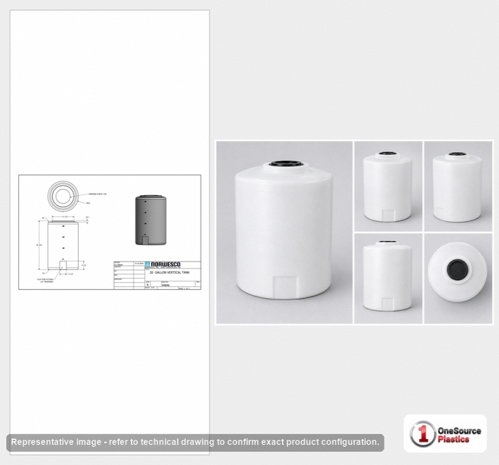 Dimensional spec drawing for Norwesco 20 Gallon Vertical Tank (16" L x 16" W x 28" H)