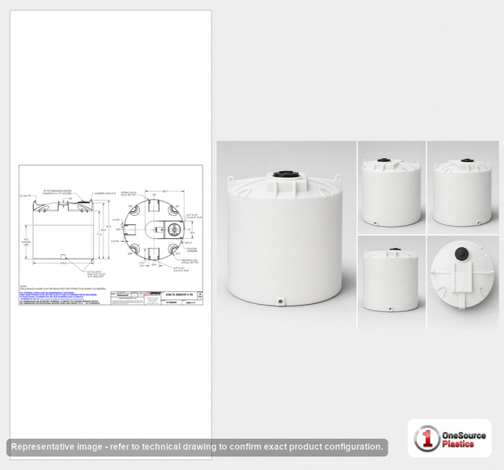 Dimensional spec drawing for Snyder Industries 2000 Gallon Vertical Storage Tank (90" L x 90" W x 88" H)