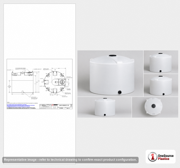 Dimensional spec drawing for Snyder Industries 2000 Gallon Vertical Storage Tank (90" L x 90" W x 88" H)