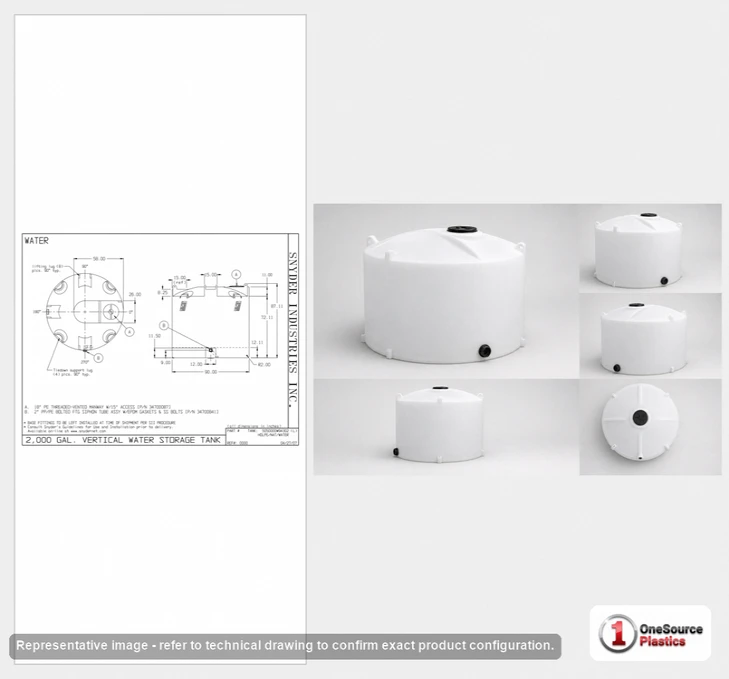 Dimensional spec drawing for Snyder Industries 2000 Gallon Vertical Tank (90" L x 90" W x 88" H)