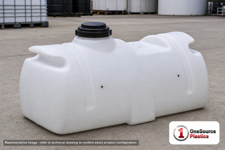 Norwesco 25 Gallon Plastic Spot Sprayer Tank in White. Polyethylene; White; dimensions 18.0in H x 18.0in W x 36.0in L; 16.0 lb empty; 1.5 specific gravity rating. Manufacturer part number N-62080. Sold by OneSource Plastics (https://www.onesourceplastics.com).