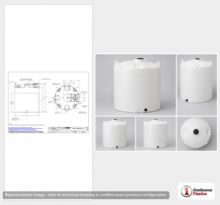 Dimensional spec drawing for Snyder Industries 2500 Gallon Vertical Storage Tank (90" L x 90" W x 107" H)