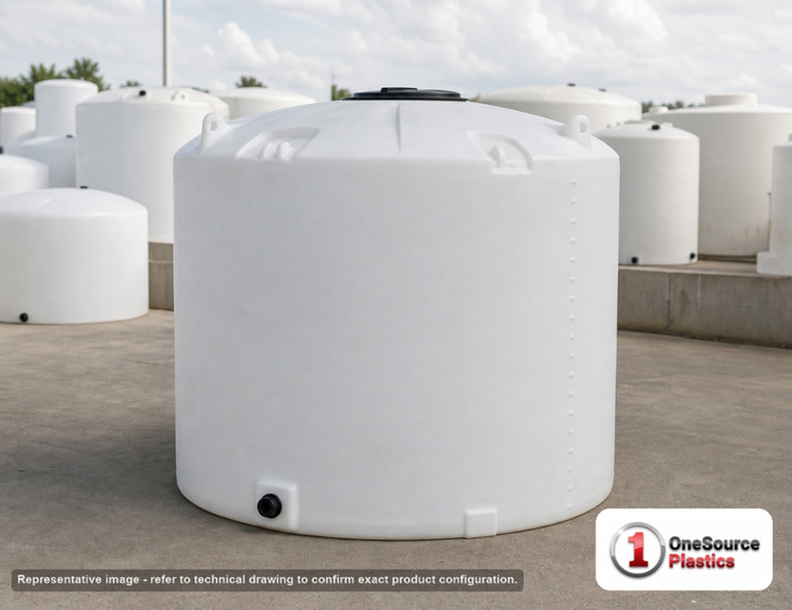 Snyder Industries 2500 Gallon HDPE Vertical Liquid Storage Tank with ASTM Certification. 2500.0 gallon capacity; High Density Linear Polyethylene; White; dimensions 107.0in H x 90.0in W x 90.0in L; 570.0 lb empty; 1.9 specific gravity rating; fittings: 1 Manway / Lid; max temp 120 deg  F / 48 deg  C; 3 Year Warranty. Manufacturer part number 8140000n45. Manufactured by Snyder. Sold by OneSource Plastics (https://www.onesourceplastics.com).