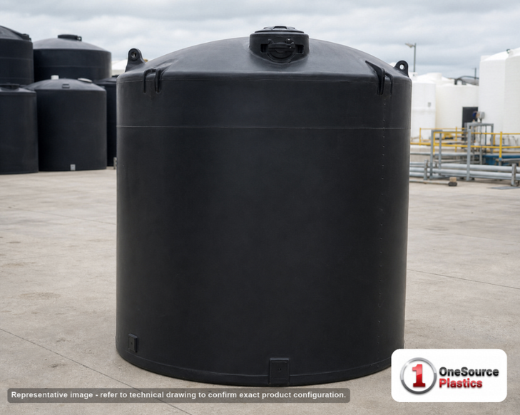 Snyder Industries 2500 Gallon Plastic Vertical Liquid Storage Tank in Black- AR. 2500.0 gallon capacity; High Density Linear Polyethylene; Black; dimensions 107.0in H x 90.0in W x 90.0in L; 570.0 lb empty; 1.9 specific gravity rating; fittings: 1 Manway / Lid; max temp 120 deg  F / 48 deg  C; 3 Year Warranty. Manufacturer part number 8140000n51. Manufactured by Snyder. Sold by OneSource Plastics (https://www.onesourceplastics.com).