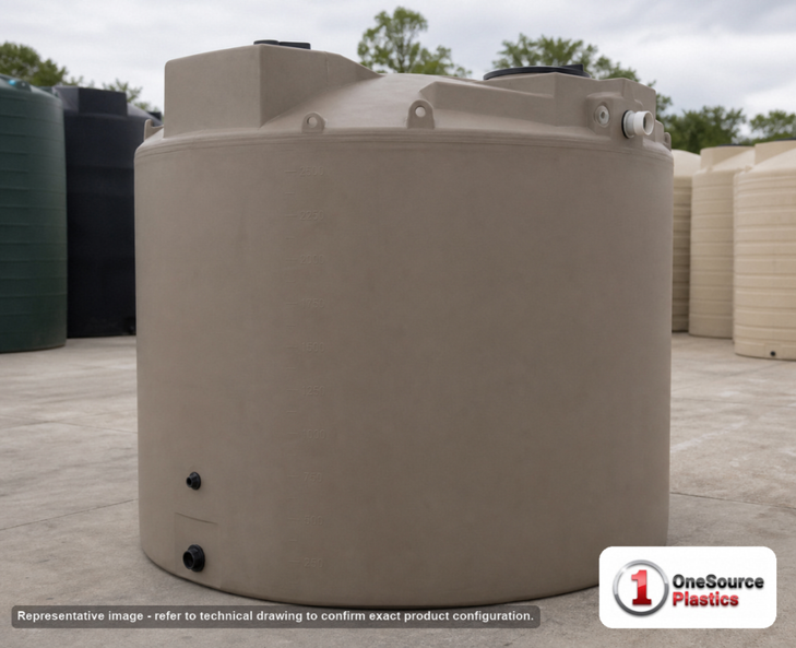 Bushman 2500 Gallon Mocha Rainwater Collection Tank. Polyethylene; Mocha; dimensions 95.0in H x 96.0in W x 96.0in L; 360.0 lb empty; 1.0 specific gravity rating; fittings: 1 Inlet , 2 Outlets , 1 Manway / Lid; max temp 120 deg  F / 48 deg  C; 3 Year Warranty. Manufacturer part number 30717. Manufactured by Bushman. Sold by OneSource Plastics (https://www.onesourceplastics.com).